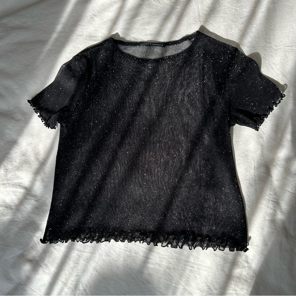 Brandy Melville Metallic silver Mesh Sparkly Top With Lettuce Hem